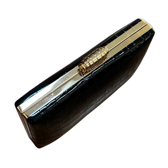 Vintage 1990’s black patent box style evening bag purse moc croc texture clutch - Picture 4 of 8